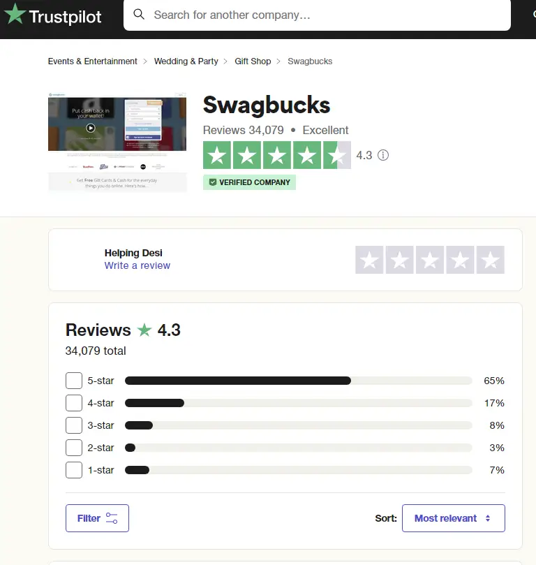 Swagbucks reviews in Trustpilot